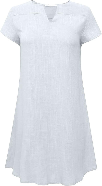 V-Neck Linen-Cotton Short Sleeves  Loose Midi Dress 1