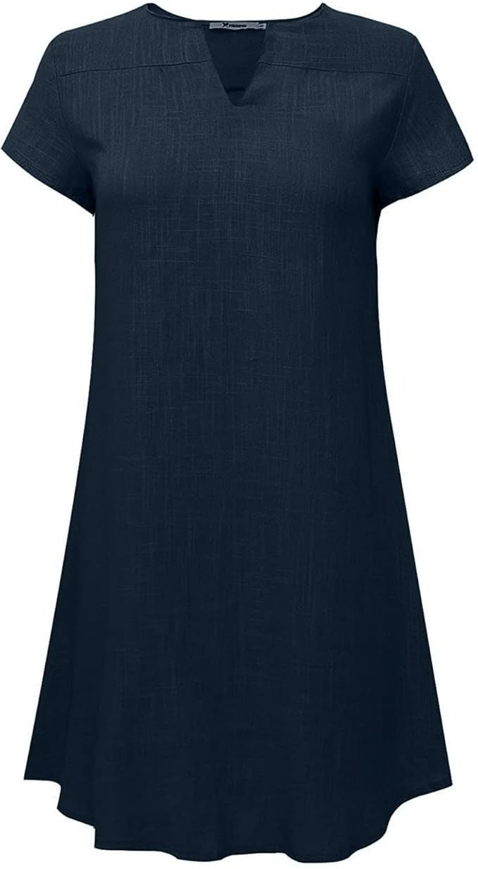 V-Neck Linen-Cotton Short Sleeves  Loose Midi Dress 1