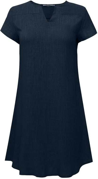 V-Neck Linen-Cotton Short Sleeves  Loose Midi Dress 1