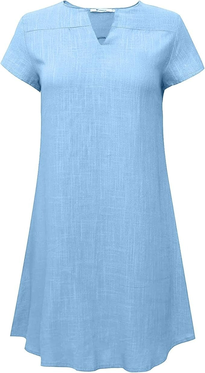 V-Neck Linen-Cotton Short Sleeves  Loose Midi Dress 1