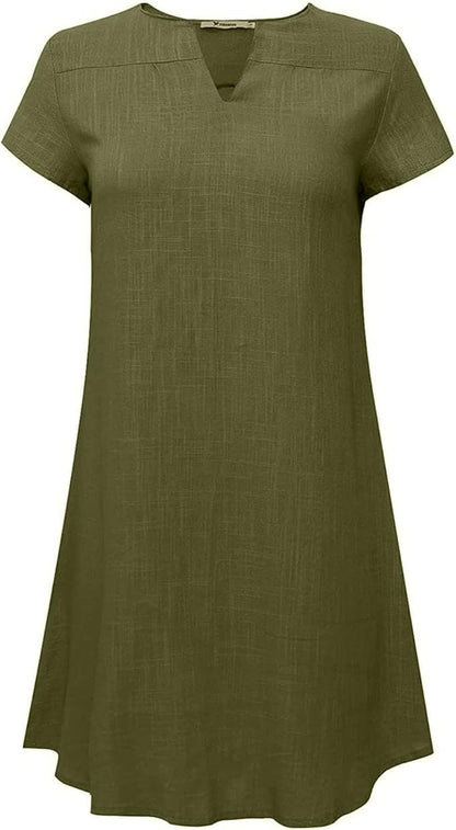 V-Neck Linen-Cotton Short Sleeves  Loose Midi Dress 1