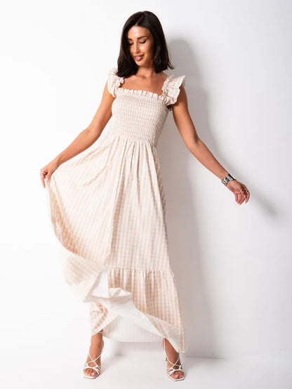 Frill Shoulder Tier Smocked Top Backless Maxi Dress